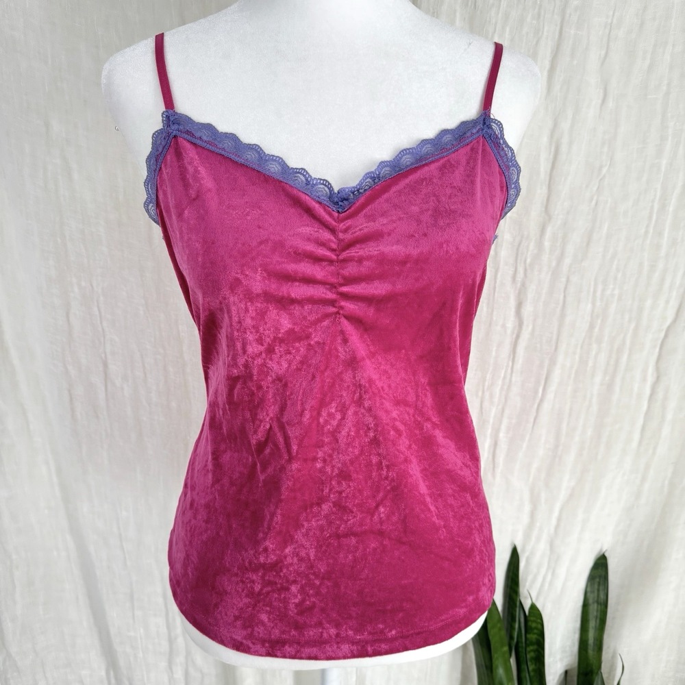 Vintage Y2K Pink Lace Trim Velvet Cami Top M Coquette Fairy Dopamine Layering